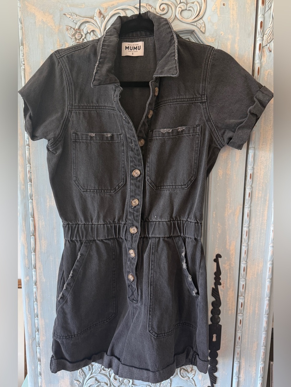 Show Me Your Mumu Washed Black Short Sleeve Denim Romper